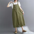 【ACheter】 日韓復古寬鬆連身裙A版減齡顯瘦純色背吊帶長洋裝# 122457 FREE 綠色