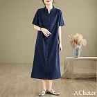 【ACheter】 亞麻感深藍短袖V領文藝A襬連身裙長版襯衫式洋裝# 122405 M 深藍色