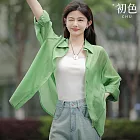 【初色】天絲寬鬆翻領長袖衫襯防曬衫外套女外套-深綠色-34598(M-XL可選) M 深綠色