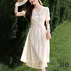 【初色】V領盤扣短袖連衣裙肌理感壓花連身洋裝長洋裝-米白色-34643(M-2XL可選) M 米白色