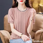 【MsMore】 短袖韓版寬鬆顯瘦圓領薄針織鏤空短款上衣# 122341 FREE 粉紅色