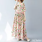 【ACheter】 簡約時尚波西米亞長裙加大短袖圓領滿版印花寬鬆洋裝# 122673 FREE 花紋色