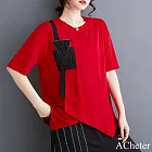 【ACheter】 圓領短袖百搭休閒圓領T恤中長上衣# 122811 M 紅色