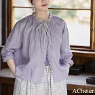 【ACheter】 無盡夏紫亞麻木耳花邊領圓領長袖小襯衫短版外罩上衣# 122759 M 紫色
