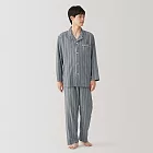 【MUJI 無印良品】男無側縫二重紗織家居睡衣 M 深藍直紋