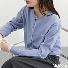 【MsMore】 簡約純色兔子刺繡長袖圓領針織開衫毛衣短版上衣# 122964 FREE 藍色