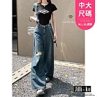 【Jilli~ko】中大尺碼牛仔寬鬆破洞落地吊帶褲 L-XL J11700  L 藍色