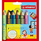 【STABILO】伍迪樂3合1水彩粉蠟筆雙色筆頭6色+削筆器