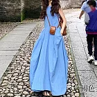 【初色】純色圓領無袖收腰A字連身裙長裙連衣洋裝-藍色-11777(M-2XL可選) M 藍色