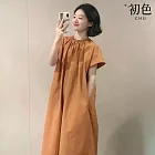 【初色】休閒純色圓領短袖寬鬆顯瘦中長連衣裙連身洋裝-橘色-11819(M-2XL可選) M 橘色