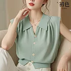 【初色】純色簡約百搭翻領無袖單排釦襯衫上衣女上衣-綠色-11955(M-XL可選) M 綠色