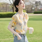 【初色】法式小香風清新氣質圖案印花單排扣V領短袖襯衫上衣女上衣-花色-11957(M-XL可選) M 花色