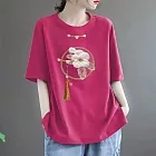 【ACheter】 中式國風圓領T恤印花百搭寬鬆遮肚顯瘦大碼短袖上衣# 125080 M 玫紅色
