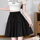 【初色】質感純色鬆緊腰綁帶高腰褲裙休閒褲寬褲短裙褲-共3色-13935(M-XL可選) M 黑色
