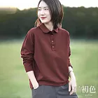 【初色】簡約休閒純色寬鬆翻領長袖POLO衫上衣女上衣-共3色-16076(M-3XL可選) M 酒紅色