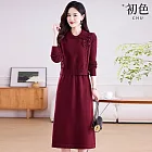 【初色】通勤風簡約修身百搭長袖針織長褲長裙套裝-17款任選-16152(M-2XL可選) F L.紅色
