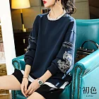 【初色】蕾絲圓領圖騰刺繡中大尺碼T恤上衣-藏青色-64268(M-2XL可選) M 藏青色