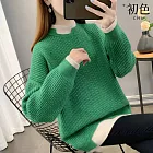 【初色】撞色假兩件圓領長袖寬鬆中長款針織衫上衣女上衣-共6色-16135(F可選) F 綠色