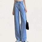 【MsMore】 闊腿牛仔褲高腰時尚直筒寬鬆闊腿拖地長褲# 124854 M 藍色