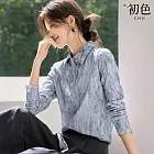 【初色】休閒風藝術暈染肌理感薄款翻領排釦長袖POLO衫上衣女上衣-藍色-16499(M-2XL可選) M 藍色