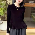 【初色】簡約純色圓領荷葉邊下擺絲絨長袖T恤上衣女上衣-黑色-16487(M-2XL可選) M 黑色