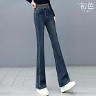 【初色】通勤風提臀顯瘦高腰鬆緊腰牛仔褲直筒喇叭褲休閒褲寬褲長褲-共2款-16038(M-5XL可選) M 深藍色九分褲