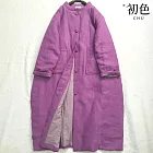 【初色】中式純色圓領對襟加厚中長款長袖盤釦口袋上衣女上衣-紫色-16722(M-2XL可選) M 紫色