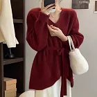 【MsMore】 不規則V領浣熊絨毛衣針織衫繫帶上衣# 126884 FREE 紅色