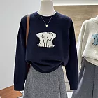 【MsMore】 韓系卡通緹花軟糯寬鬆顯瘦圓領針織毛衣上衣# 126919 FREE 藏青色