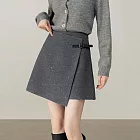 【MsMore】 格雷皮袢扣交疊毛呢短顯瘦短裙小個子# 126961 M 灰色