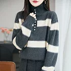 【MsMore】 條紋撞色紐扣半高領毛衣加厚保暖針織衫上衣# 126979 FREE 米白色