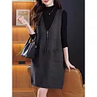 【MsMore】 中長款V領拉鍊造型背心寬鬆顯瘦連身毛衣# 127043 FREE 灰色