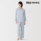 【MUJI 無印良品】女無側縫二重紗織長袖家居睡衣 S 粉藍直紋