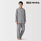 【MUJI 無印良品】男無側縫二重紗織長袖家居睡衣 M 深藍直紋