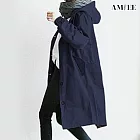 【AMIEE】日系休閒連帽棉質長版風衣(KDCQ-2279) M 藏藍