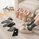 【AnZa】5入蝴蝶結襪組+蝴蝶結保暖室內鞋拖鞋(鞋4色)   蝴蝶結襪+米白室內拖鞋