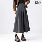 【初色】純色仿羊毛毛呢鬆緊腰高腰A字百褶長裙傘裙中長裙半身裙-共3色-17182(M-XL可選) M 深灰色