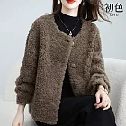 【初色】小香風簡約純色長袖排釦圓領仿皮草保暖絨毛大衣外套女外套-咖色-17553(M-2XL可選) M 咖色