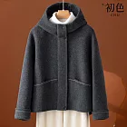 【初色】簡約純色線條長袖口袋毛呢保暖禦寒寬鬆連帽外套女外套-灰色-17551(M-2XL可選) M 灰色