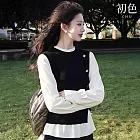 【初色】韓系拼接假兩件長袖圓領排釦背心襯衫上衣女上衣-黑色-17578(F可選) F 黑色