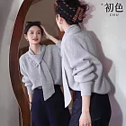 【初色】慵懶風純色坑條圍巾領長袖寬鬆保暖針織毛衣上衣女上衣-灰色-17588(F可選) F 灰色