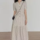 【ACheter】 V領波點短袖連身裙顯瘦氣質寬鬆洋裝# 127128 M 杏色