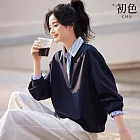 【初色】通勤風POLO領落肩長袖假兩件拼接襯衫上衣女上衣-藏青色-18529(M-2XL可選) M 藏青色