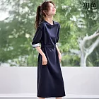 【初色】簡約拼接長袖圓領A字裙中長裙連衣裙連身洋裝-藏青色-18530(M-2XL可選) M 藏青色