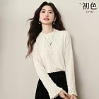 【初色】韓系純色圓領簡約舒適提花木耳邊針織長袖打底上衣女上衣-杏色-18609(M-2XL可選) M 杏色