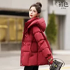 【初色】簡約純色連帽直筒中長保暖科技保暖纖維防風外套女外套-共3色-18484(M-3XL可選) M 紅色