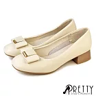 【Pretty】女 跟鞋 包鞋 中跟 粗跟 小方頭 蝴蝶結 韓國進口 JP24.5 米色