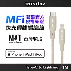 【TOTOLINK】MFi認證 USB-C to Lightning 大電流快充傳輸線 充電線_ 1M(台灣製造/iPhone 14前適用/柔軟編織/Type-C) 柔霧奶