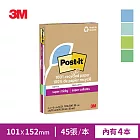 3M Post-it 利貼 狠黏 100%環保再生紙-4x6橫格便條紙(45張x4本)-三色任選 藍綠色系