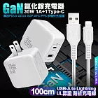 VOORCA精裝1C+1A孔35W氮化鎵充電器(白)+MyStyle 國際UL認證線 USB to Lightning 快充線100cm 白色線